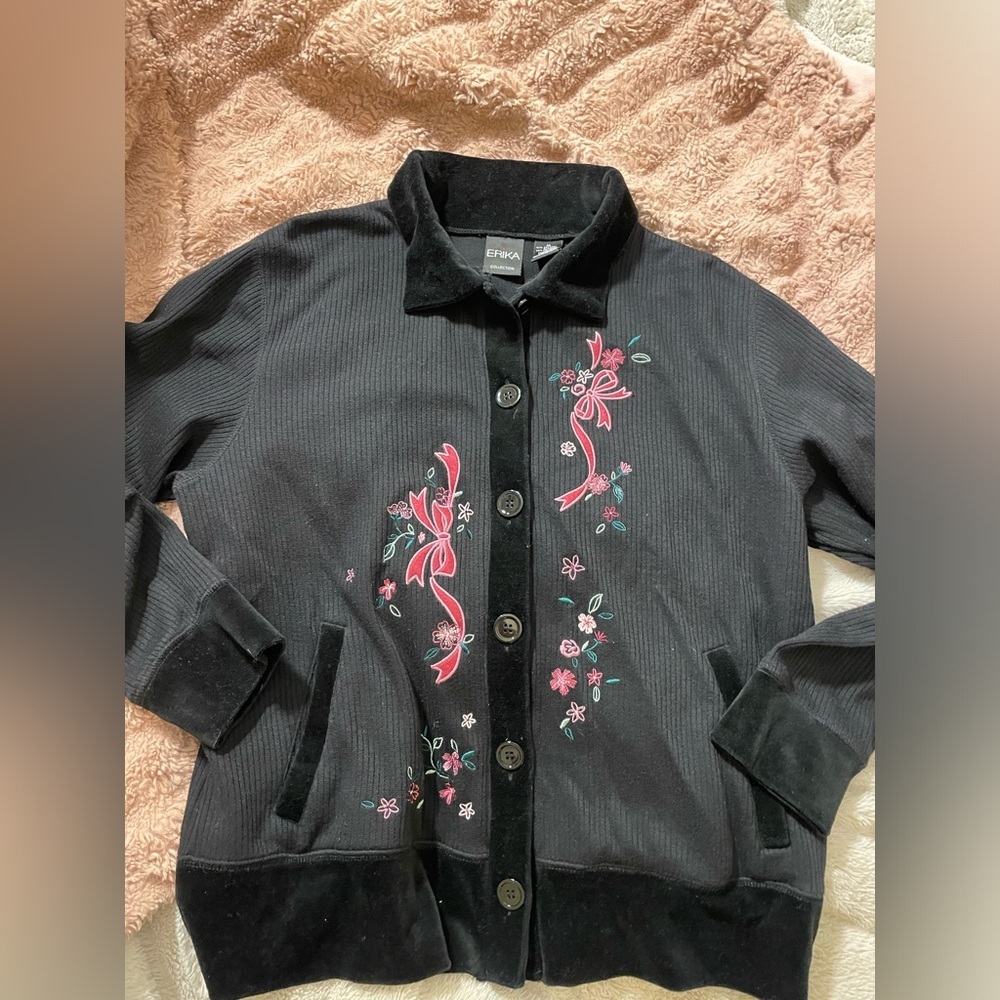EUC Vintage Erika Bow Embroidered Black Velour Button Down Sweater